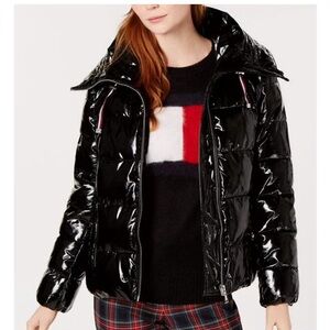 Tommy Hilfeger Quilted Water Resistant Hooded Shiny Black Puffer Jacket